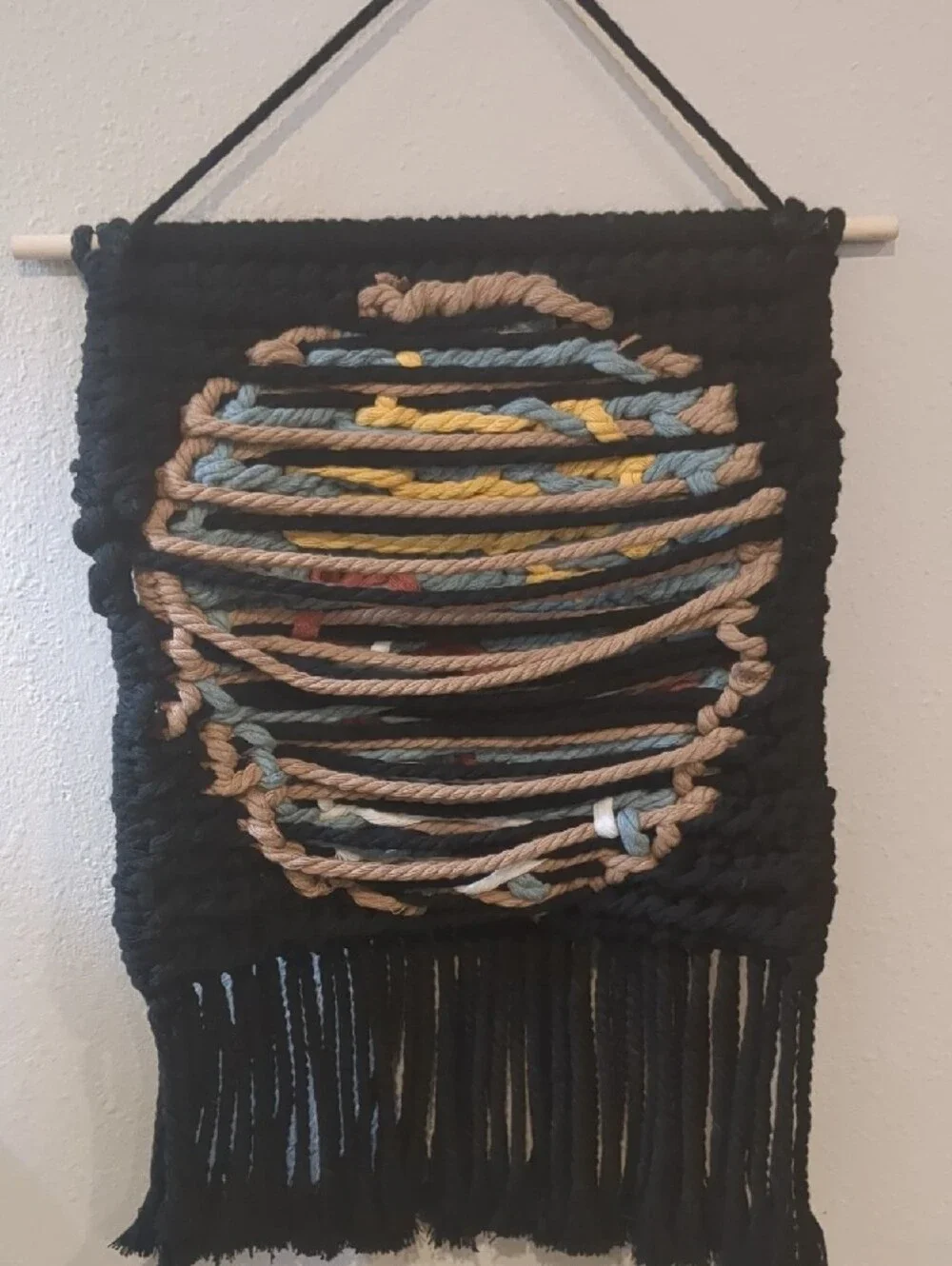 Handmade Black Macrame Wall Hanging with Blue, Yellow, Red Mushroom Design